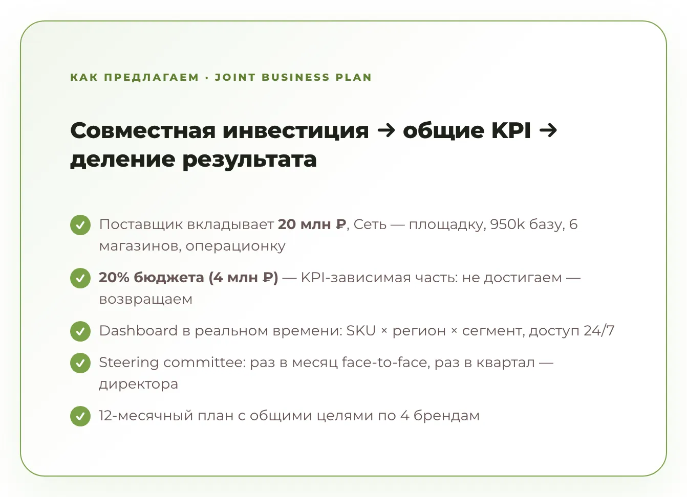 Лист из презентации: как предлагаем — совместная инвестиция, общие показатели, деление результата; суммы скрыты