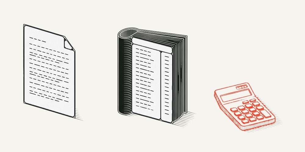 Печатный документ, бухгалтерская книга и красный калькулятор: посчитать самому
